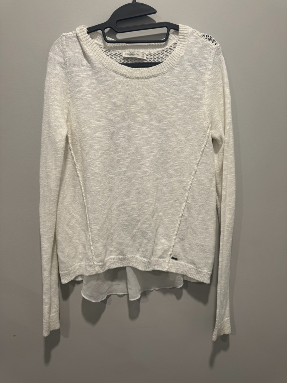 Abercrombie & Fitch White Lightweight Knit Sweater with Sheer Back Hem